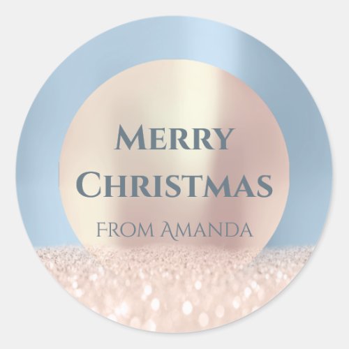 Merry Christmas From Rose Glitter Smoky Blue Classic Round Sticker