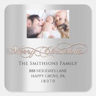 Merry Christmas From RSVP Silver Rose Photo Square Sticker