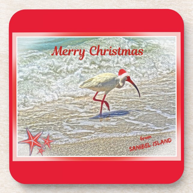Merry Christmas from Sanibel Island FL White Ibis  Beverage Coaster (Front)