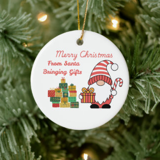 Merry Christmas From Santa Bringing Gifts on a  Ceramic Ornament
