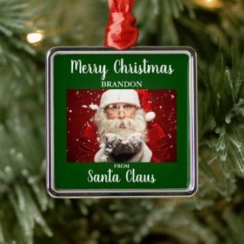 Merry Christmas From Santa Claus Add Name Green Metal Ornament by HappyMemoriesPaperCo at Zazzle