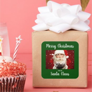 Merry Christmas From Santa Claus Green Square Sticker by HappyMemoriesPaperCo at Zazzle