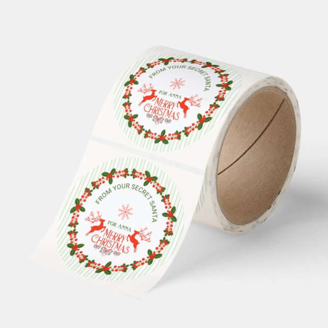 Merry Christmas from Santa Festive Reindeer Holly Classic Round Sticker (Roll)