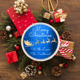 Merry Christmas From Santa Reindeer Sleight Blue Classic Round Sticker