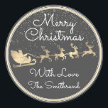 Merry Christmas From Santa Reindeer Sleight Gray Classic Round Sticker<br><div class="desc">Get ready to sprinkle some festive charm with the "Merry Christmas From Santa Reindeer Sleigh Gray Golden Circle Frame Classic Round Sticker, " a delightful creation from FlorenceK Studio, the Milanese marvel of design. This isn't just a sticker; it's a miniature gateway to holiday joy, a perfect encapsulation of the...</div>
