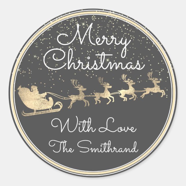 Merry Christmas From Santa Reindeer Sleight Gray Classic Round Sticker (Front)
