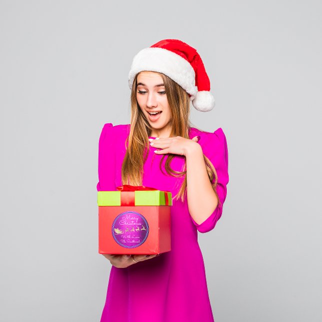 Merry Christmas From Santa Reindeer Sleight Pink Classic Round Sticker (Merry Christmas From Santa Reindeer Sleight Pink Classic Round Sticker)