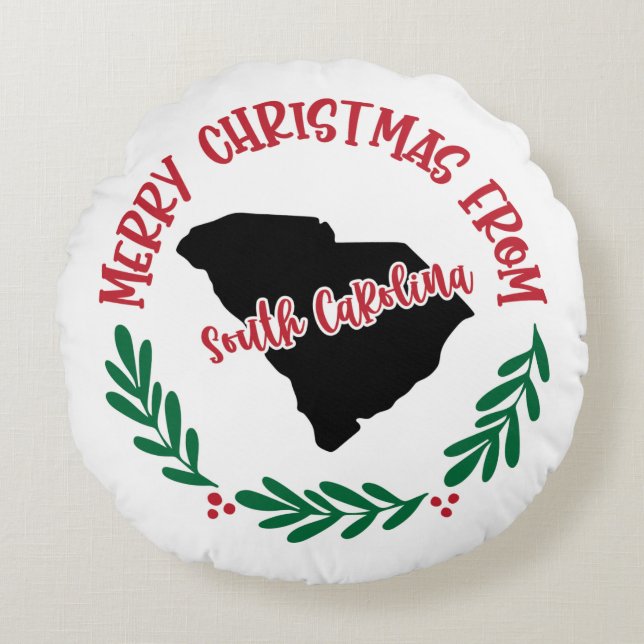 Merry Christmas From South Carolina US Red Green Round Pillow (Front)