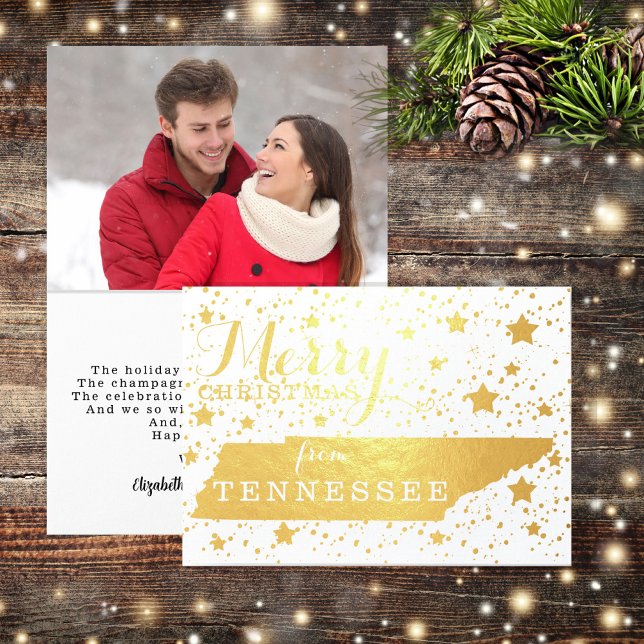 Merry Christmas from Tennessee State Outline Photo Foil Card (Wish your friends and family "Merry Christmas" Tennessee style with this state map design!)