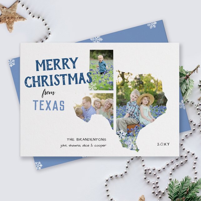 Merry Christmas from Texas Three Photo Card (From the state of Texas with love three photo Christmas holiday card and moving announcement)