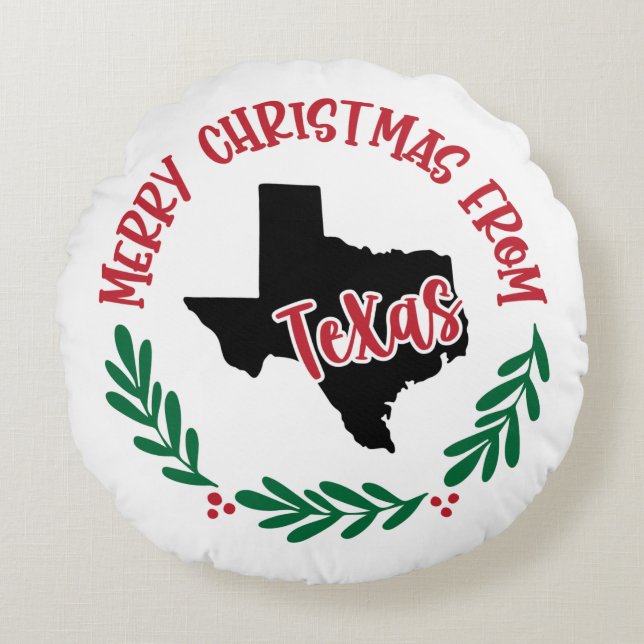 Merry Christmas From Texas US Red Green White Round Pillow (Front)