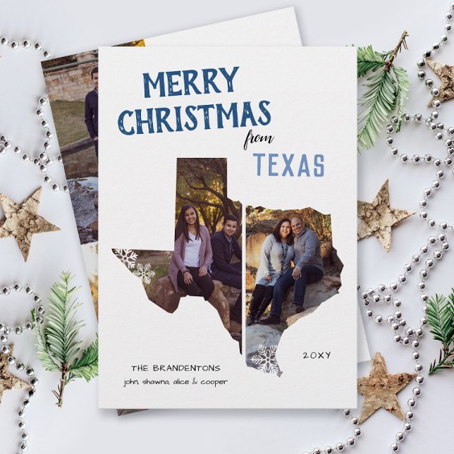 Merry Christmas from Texas We've Moved Holiday Card (From Texas with love four photo Christmas holiday card for families, moving announcement on the back)