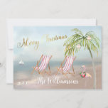 Merry Christmas From the Beach Palm Tree Flamingo Card<br><div class="desc">Merry Christmas on this lovely Watercolor Beach -- peaceful and gentle scene with two beach chairs -- friendly flamingo with lovely wreath -- Palm tree with a few ornaments. Also available in different paper weights -- your selection. Any design questions just send a chat or an email to charmdesignstudio@rcn.com and...</div>