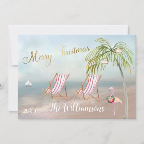 Merry Christmas From the Beach Palm Tree Flamingo Card