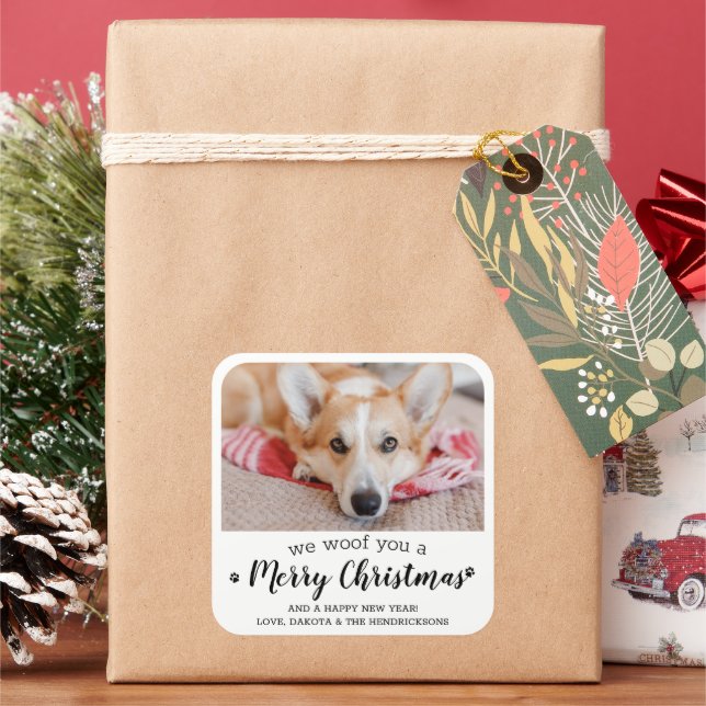 Merry Christmas From The Dog Modern Pet Photo Square Sticker (Holiday)