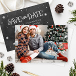 Merry Christmas From The Future Mr and Mrs Photo Save The Date<br><div class="desc">Combination Merry Christmas photo card greeting from "The Future Mr. and Mrs." and wedding save the date announcement card (details on back) features a white handwritten script / white chalk style design with black chalkboard background appearance on the back of the card. Accents of stars and snowflakes. Personalize with your...</div>