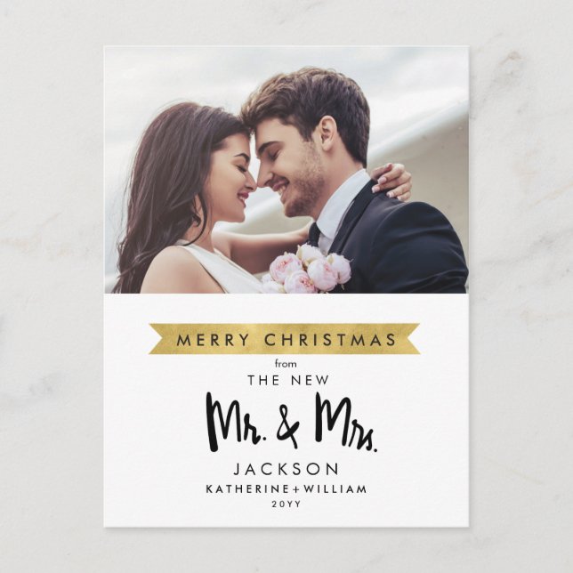 Merry Christmas From The New Mr. & Mrs. One Photo Holiday Postcard (Front)