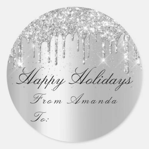 Merry Christmas From To Holidays Spark Gray Glam Classic Round Sticker