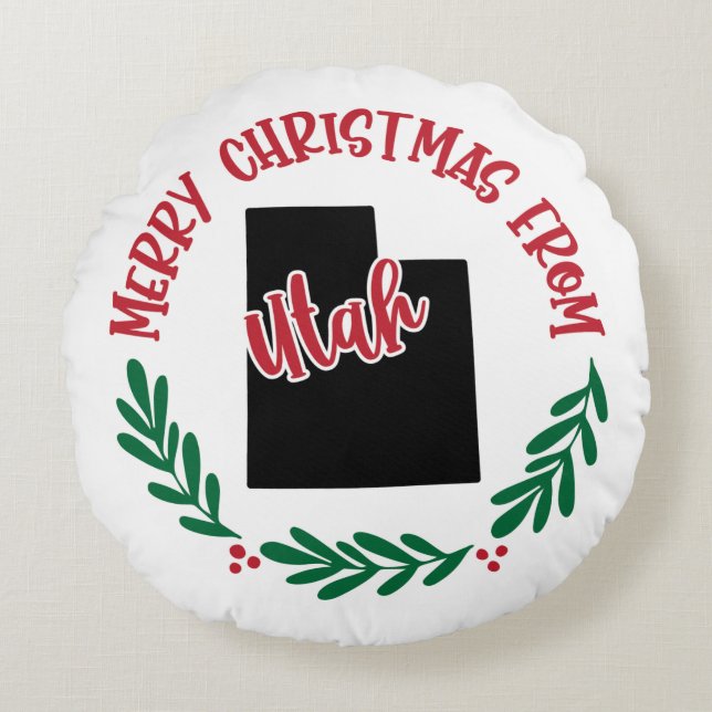 Merry Christmas From Utah US Red Green White Round Pillow (Front)