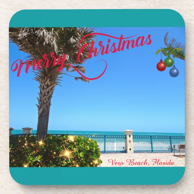 Merry Christmas from Vero Beach Florida Oceanfront Beverage Coaster (Front)