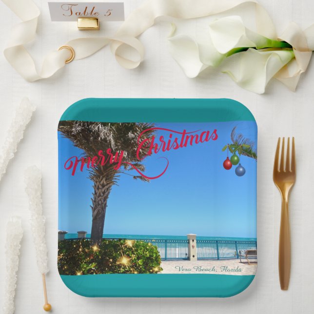 Merry Christmas from Vero Beach Florida Oceanfront Paper Plates (Wedding)