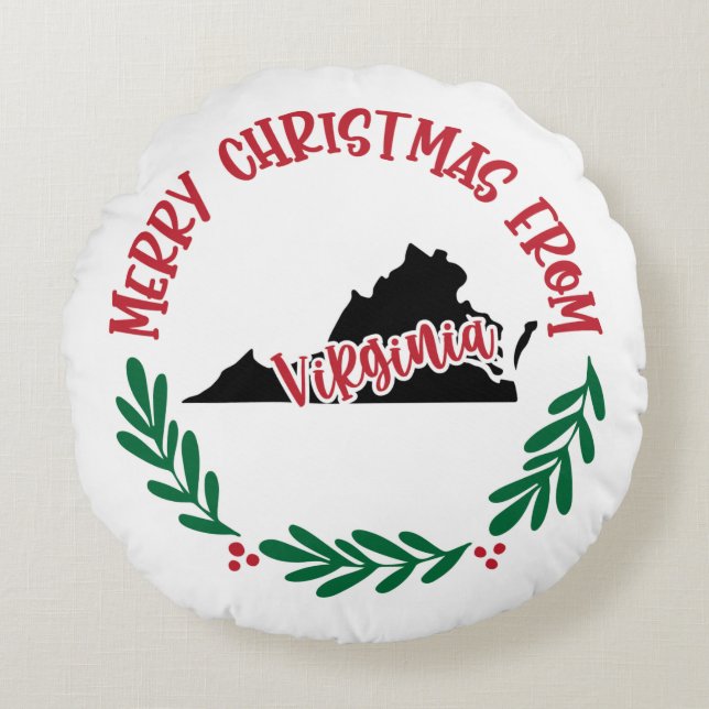 Merry Christmas From Virginia US Red Green White Round Pillow (Front)