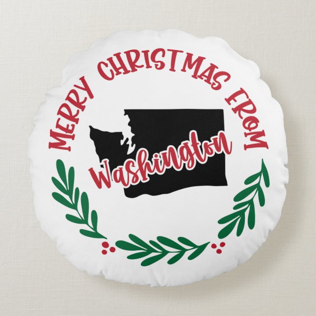 Merry Christmas From Washington US Red Green White Round Pillow (Front)