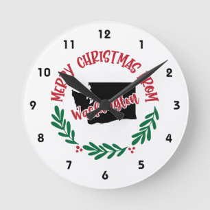 Merry Christmas From Washington US Red Holly Berry Round Clock