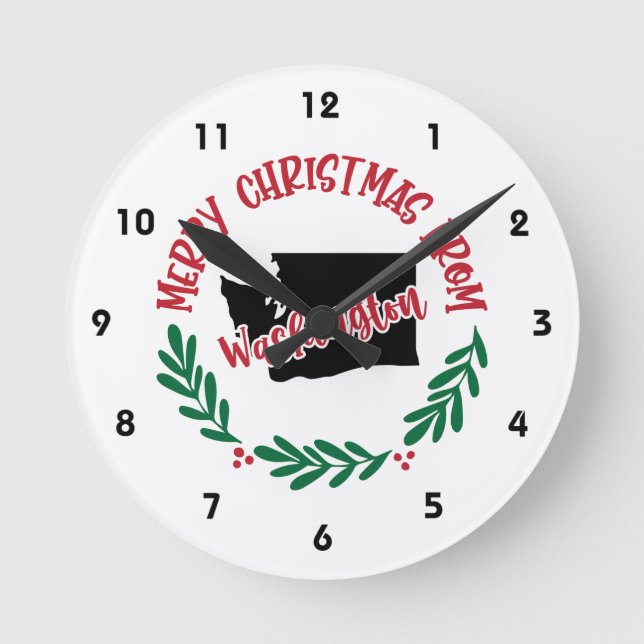 Merry Christmas From Washington US Red Holly Berry Round Clock (Front)