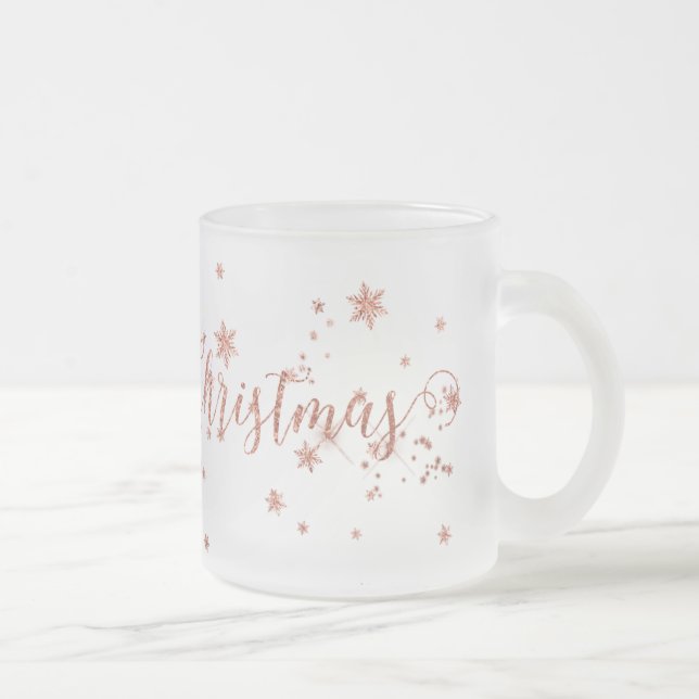 Merry Christmas Frosted Pink Rose Gold Frosted Glass Coffee Mug (Right)