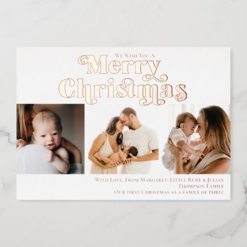 Merry Christmas Fun Candy Cane 3 Photo Modern Foil Holiday Card