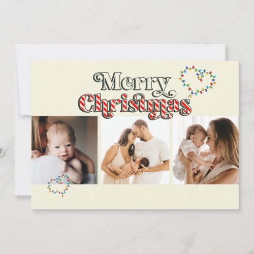 Merry Christmas Fun Candy Cane 3 Photo Off_white Holiday Card