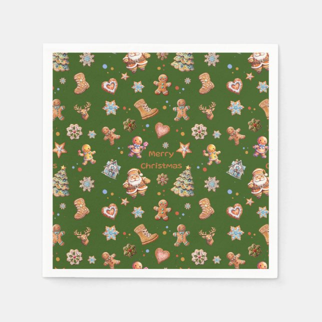 Merry Christmas Fun Cute Gingerbread Green Napkins (Front)