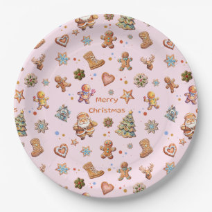 Merry Christmas Fun Cute Gingerbread Pink Paper Plates