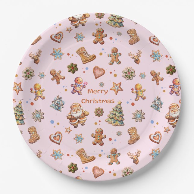 Merry Christmas Fun Cute Gingerbread Pink Paper Plates (Front)
