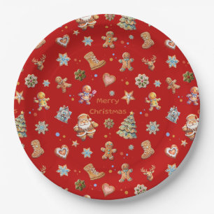 Merry Christmas Fun Cute Gingerbread Red Paper Plates