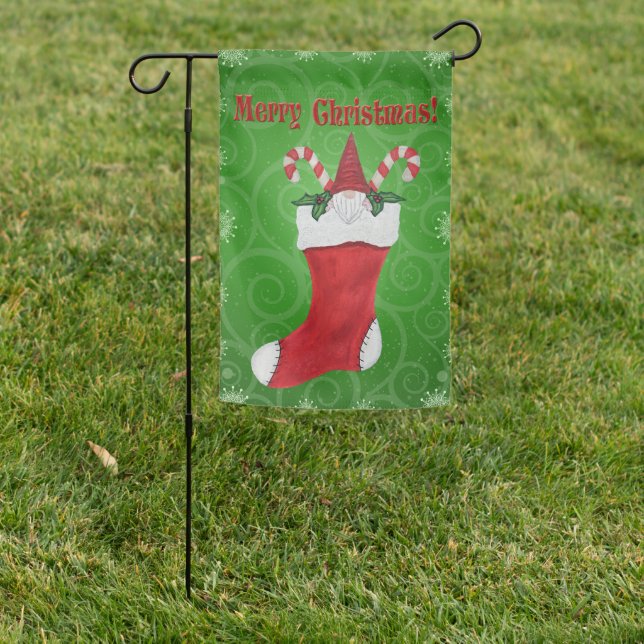Merry Christmas Fun Gnome In Stocking Green Swirls Garden Flag (In SItu)