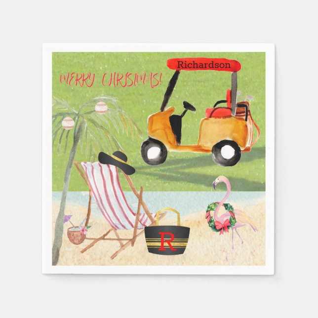 Merry Christmas Fun Golf Beach Flamingo Napkins (Front)