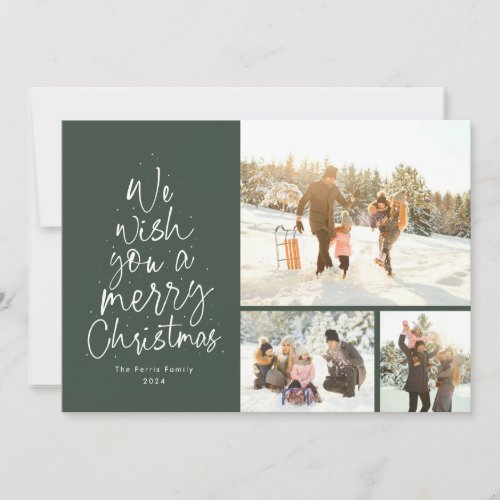 Merry Christmas fun green three photo family Holiday Card