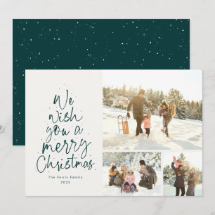 Merry Christmas fun green three photo family Holiday Card