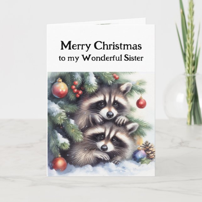 Merry Christmas Fun Raccoons Sister Card (Front)