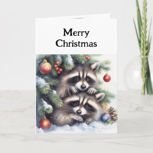 Merry Christmas Fun Raccoons Under Tree Card