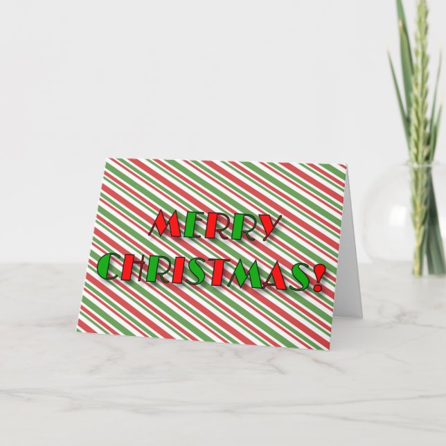 "MERRY CHRISTMAS!" + Fun Red and Green Stripes Holiday Card (Front)