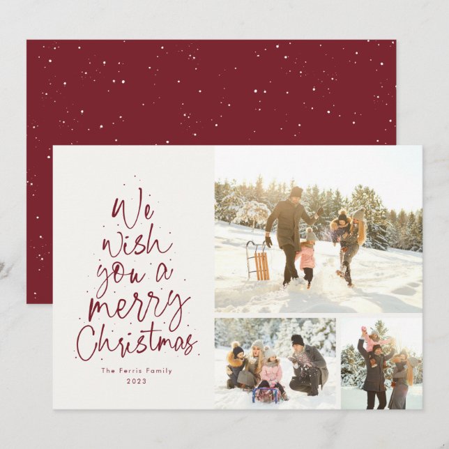 Merry Christmas fun red three photo family Holiday Card (Front/Back)