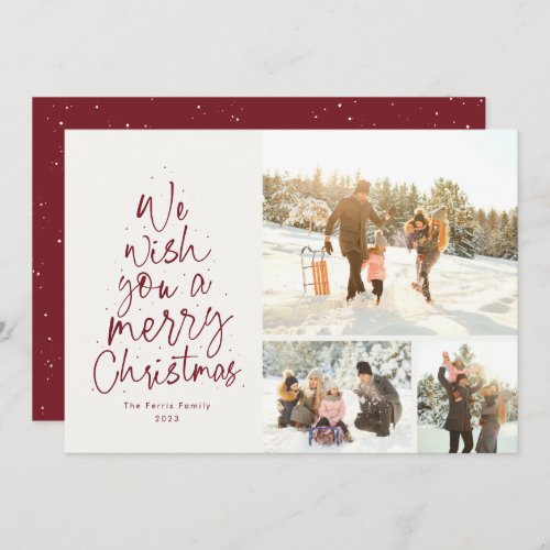 Merry Christmas fun red three photo family Holiday Card