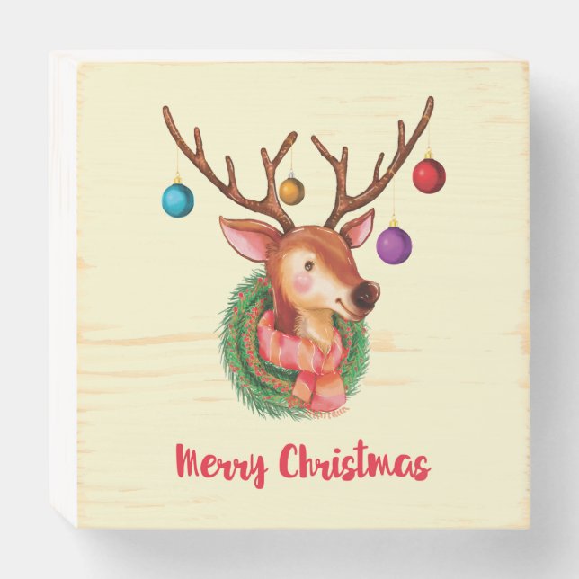 Merry Christmas Fun Reindeer Wreath Wooden Box Sign (Front Horizontal)