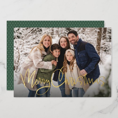 Merry Christmas fun script simple green photo Foil Holiday Card