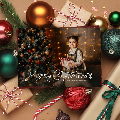Merry Christmas fun script three photo red Holiday Card
