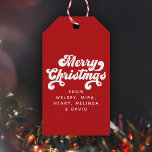 Merry Christmas Fun Simple Retro Typography Modern Gift Tags<br><div class="desc">Fun,  retro vintage typography holiday gift tag reading MERRY CHRISTMAS and your custom names on candy stripe red. Polka dot pattern on the back.</div>