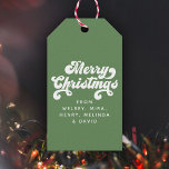 Merry Christmas Fun Simple Retro Typography Modern Gift Tags<br><div class="desc">Fun vintage typography holiday gift tag reading MERRY CHRISTMAS and your custom names on retro green. Polka dot pattern on the back.</div>